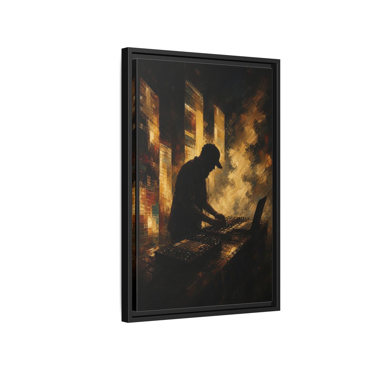 Side Mockup 3. Abstract Dj Golden Brown shown as framed canvas print
