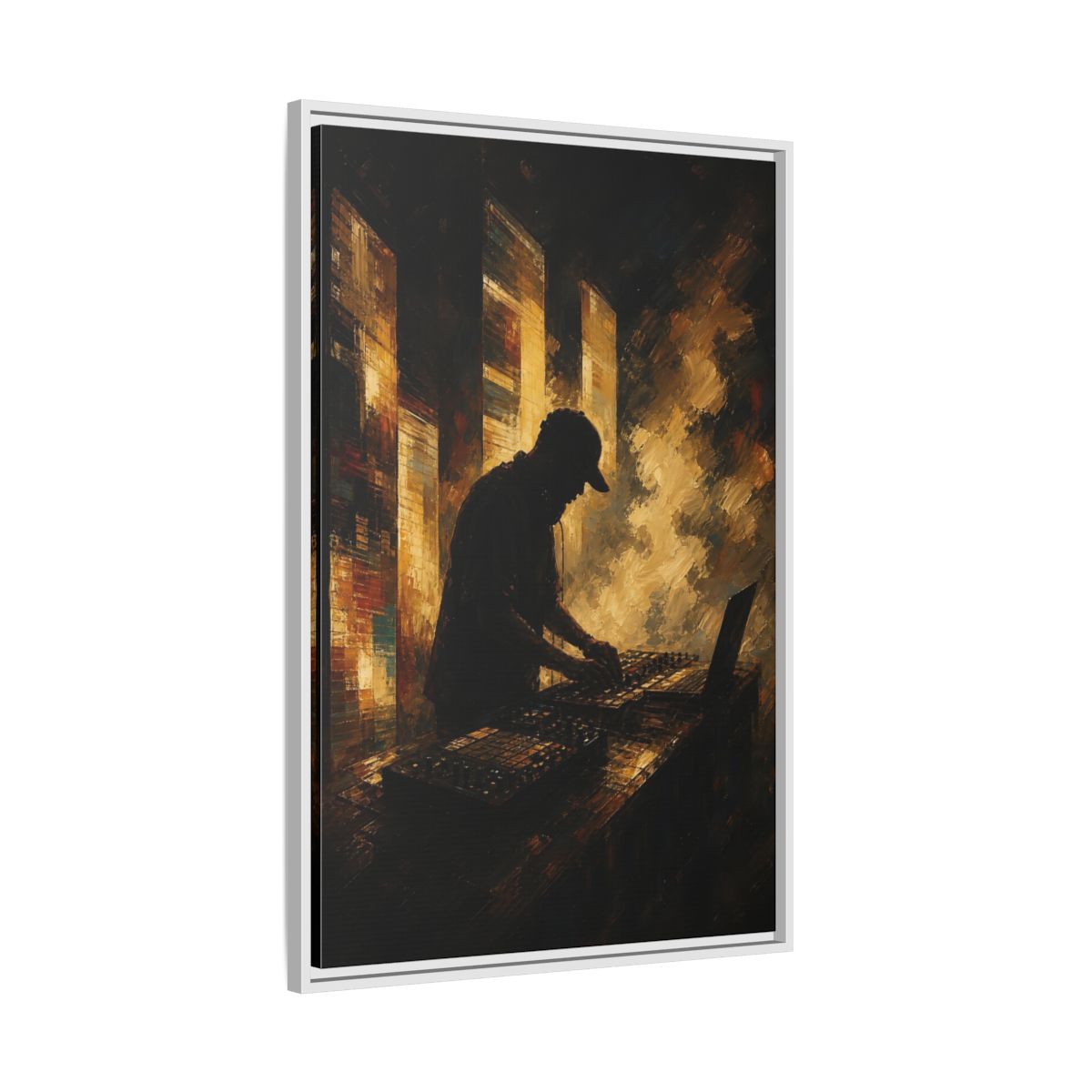 Side Mockup 9. Abstract Dj Golden Brown shown as framed canvas print