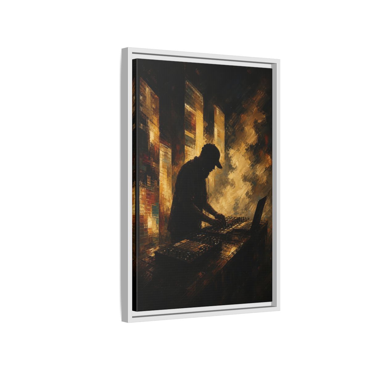 Side Mockup 1. Abstract Dj Golden Brown shown as framed canvas print