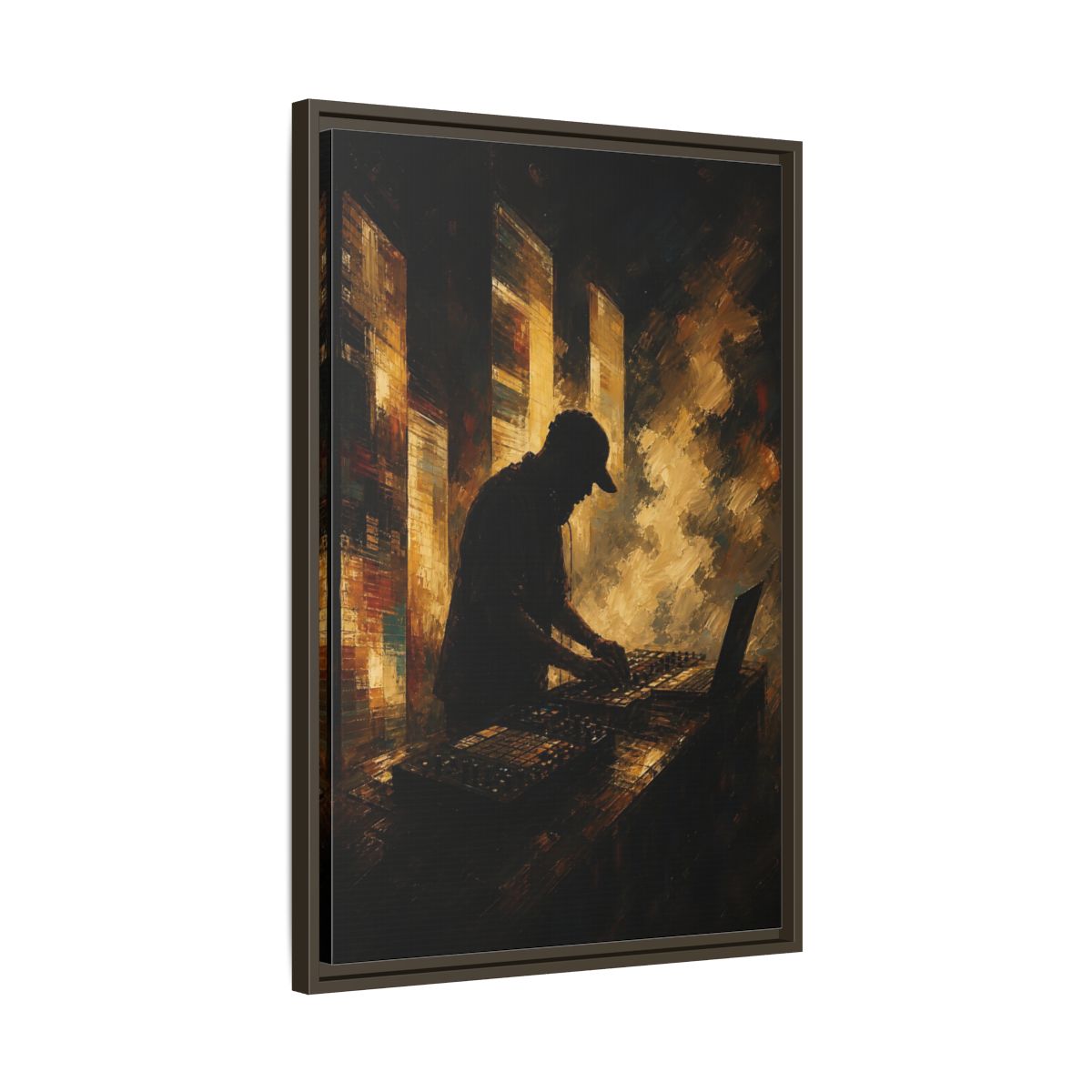 Side Mockup 11. Abstract Dj Golden Brown shown as framed canvas print