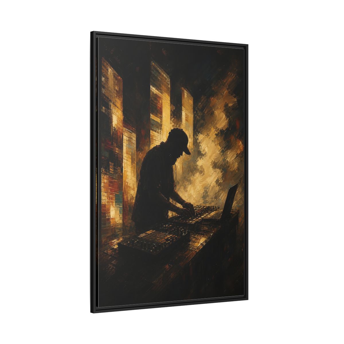 Side Mockup 12. Abstract Dj Golden Brown shown as framed canvas print