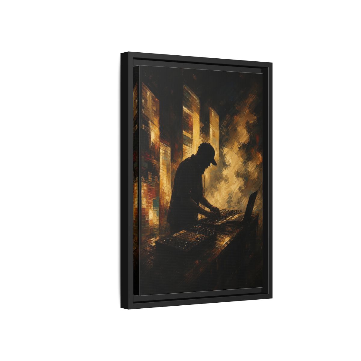 Side Mockup 6. Abstract Dj Golden Brown shown as framed canvas print