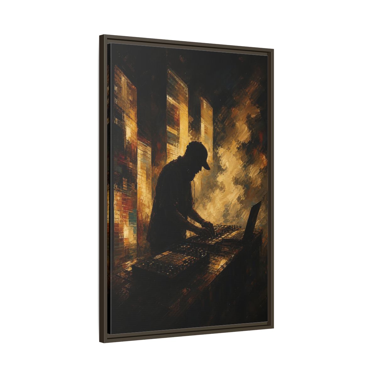 Main Mockup. Abstract Dj Golden Brown shown as framed canvas print