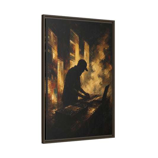 Main Mockup. Abstract Dj Golden Brown shown as framed canvas print