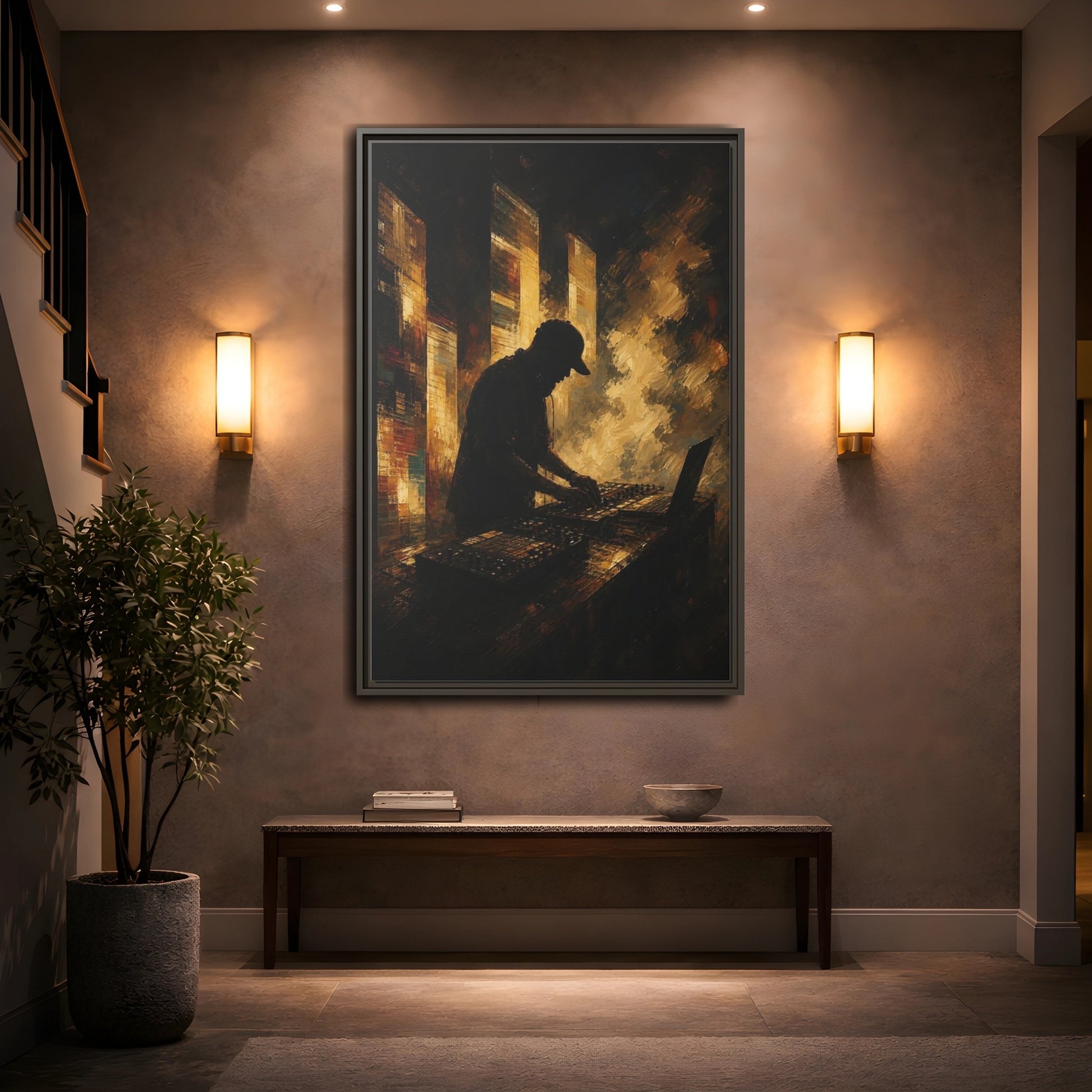 Mockup 2. Abstract Dj Golden Brown shown as framed canvas print