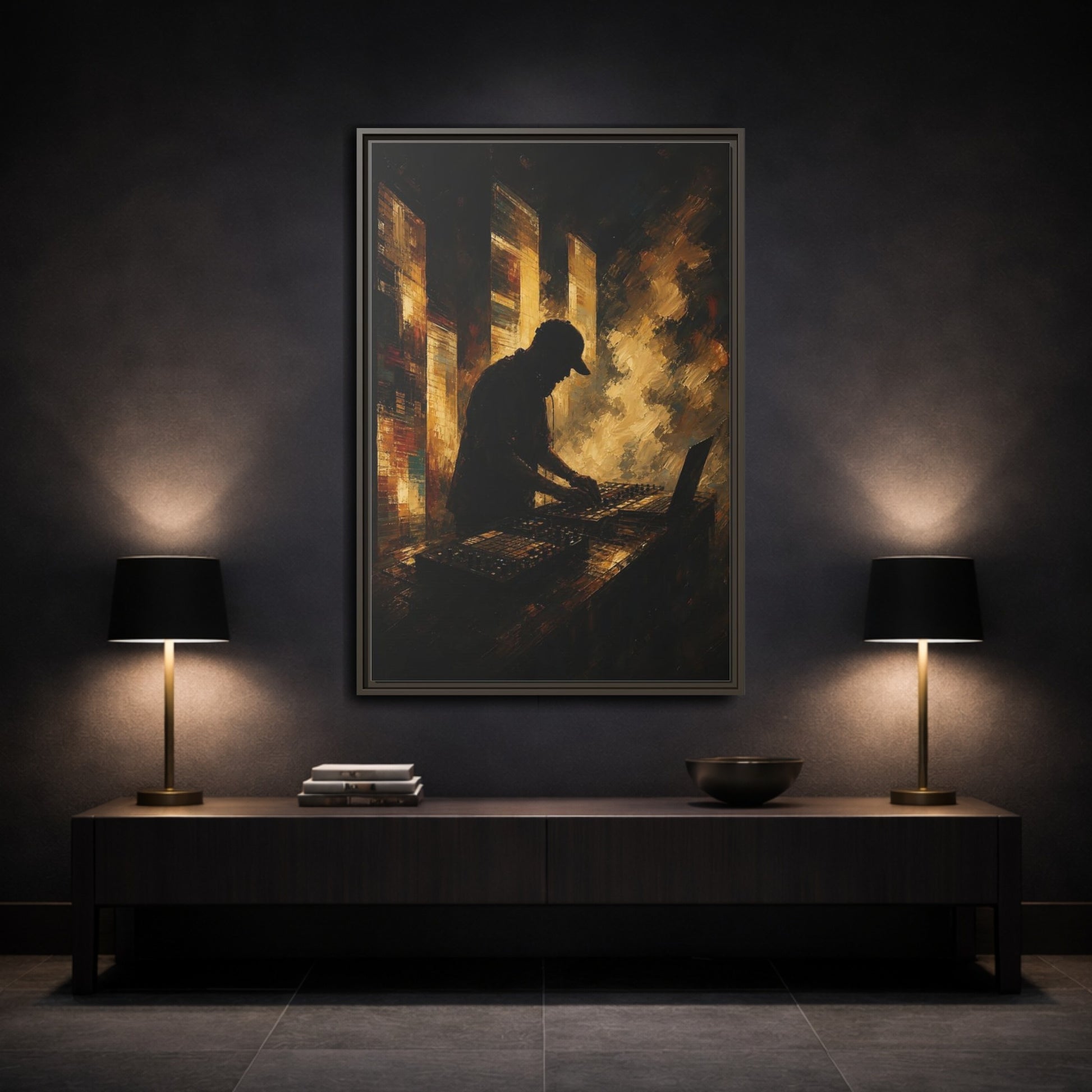 Mockup 3. Abstract Dj Golden Brown shown as framed canvas print