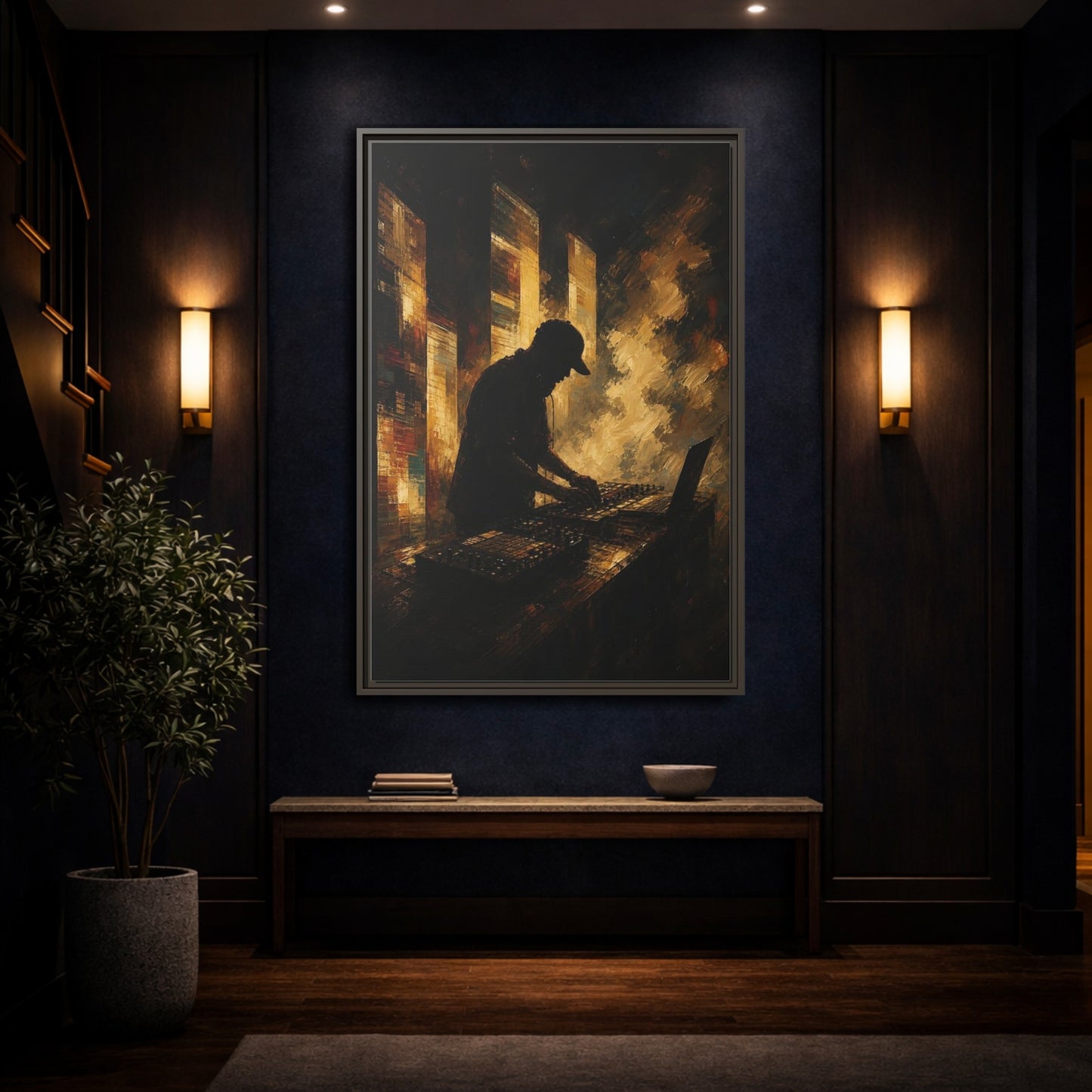 Mockup 4. Abstract Dj Golden Brown shown as framed canvas print