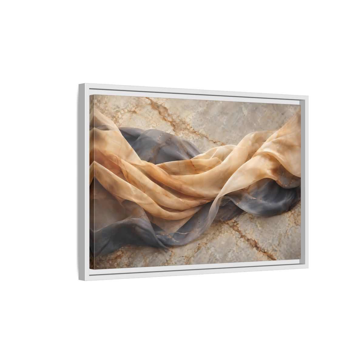 Side Mockup 1. Abstract Draped Fabric Brown And Grey shown as stretched canvas wall art