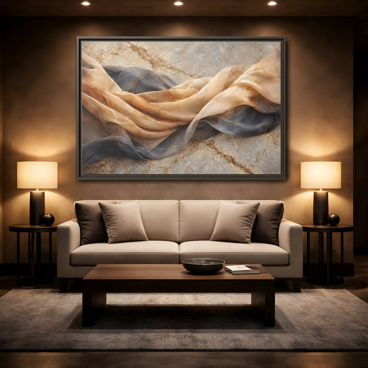 Mockup 2. Abstract Draped Fabric Brown And Grey shown as stretched canvas wall art