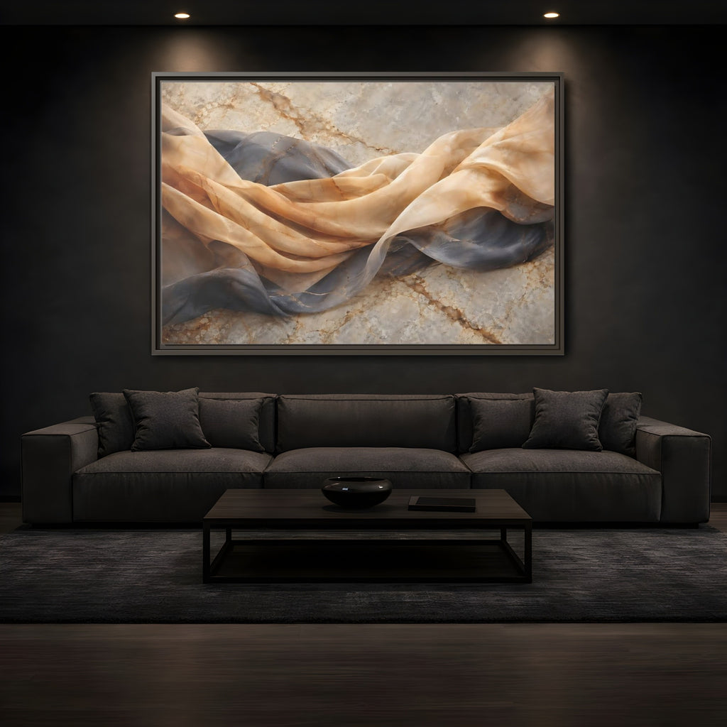 Mockup 3. Abstract Draped Fabric Brown And Grey shown as stretched canvas wall art