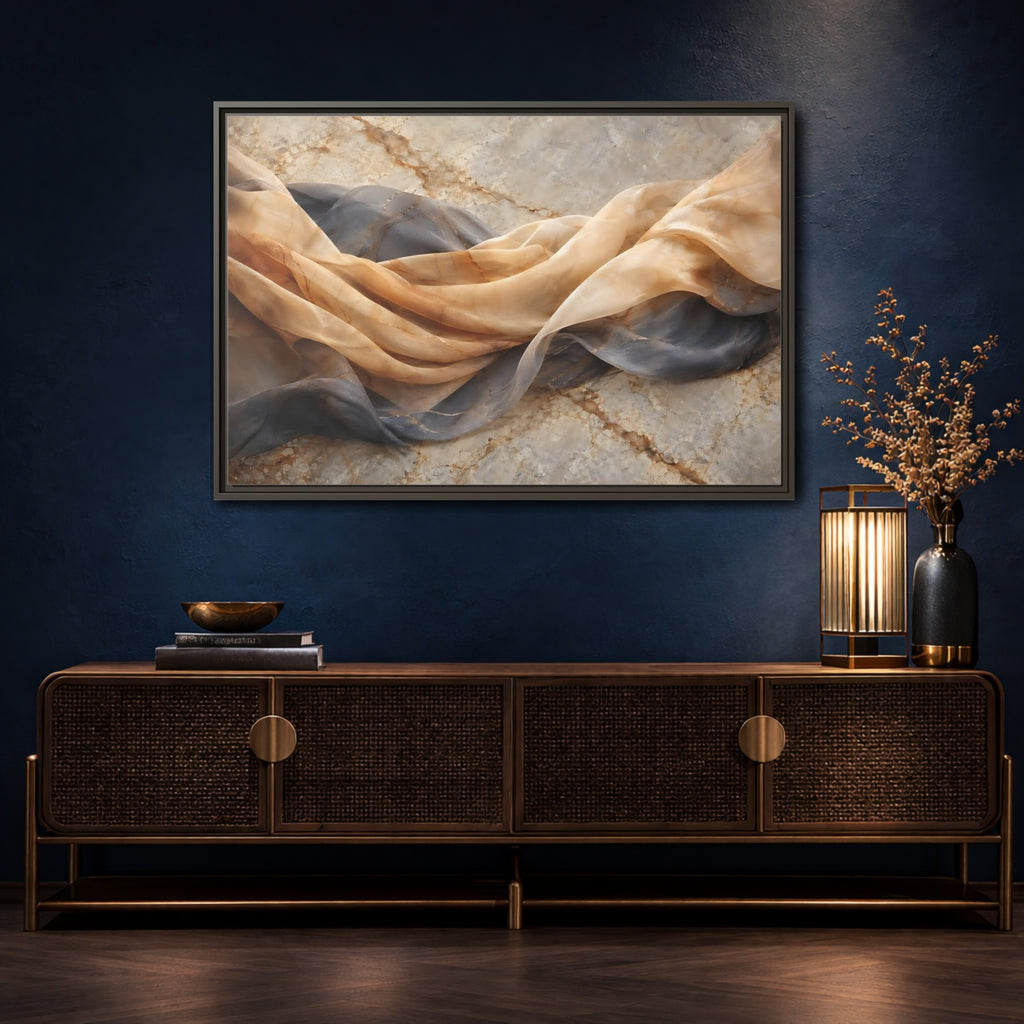 Mockup 4. Abstract Draped Fabric Brown And Grey shown as stretched canvas wall art