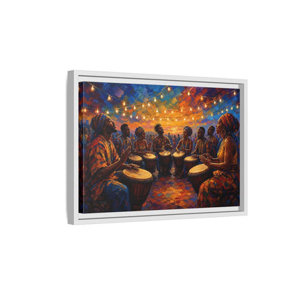 Side Mockup 4. Abstract Drum Circle Vibrant Cultural Scene shown as framed canvas print