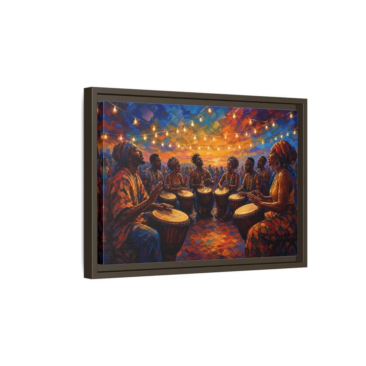 Side Mockup 5. Abstract Drum Circle Vibrant Cultural Scene shown as framed canvas print
