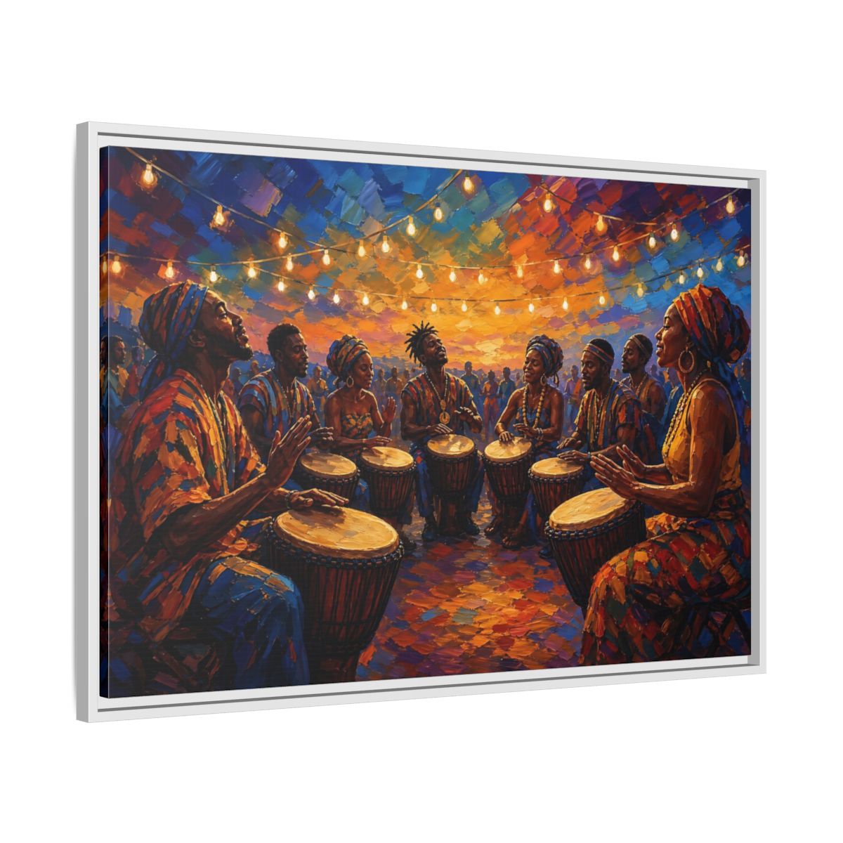 Side Mockup 9. Abstract Drum Circle Vibrant Cultural Scene shown as framed canvas print