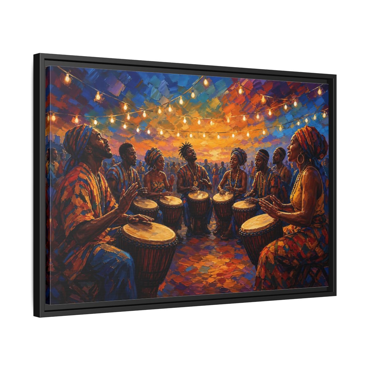 Side Mockup 14. Abstract Drum Circle Vibrant Cultural Scene shown as framed canvas print