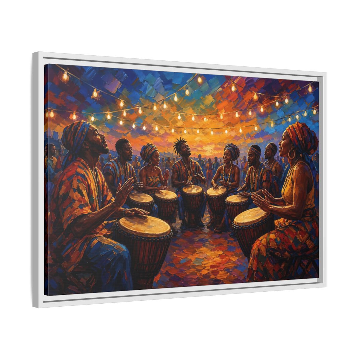 Side Mockup 10. Abstract Drum Circle Vibrant Cultural Scene shown as framed canvas print
