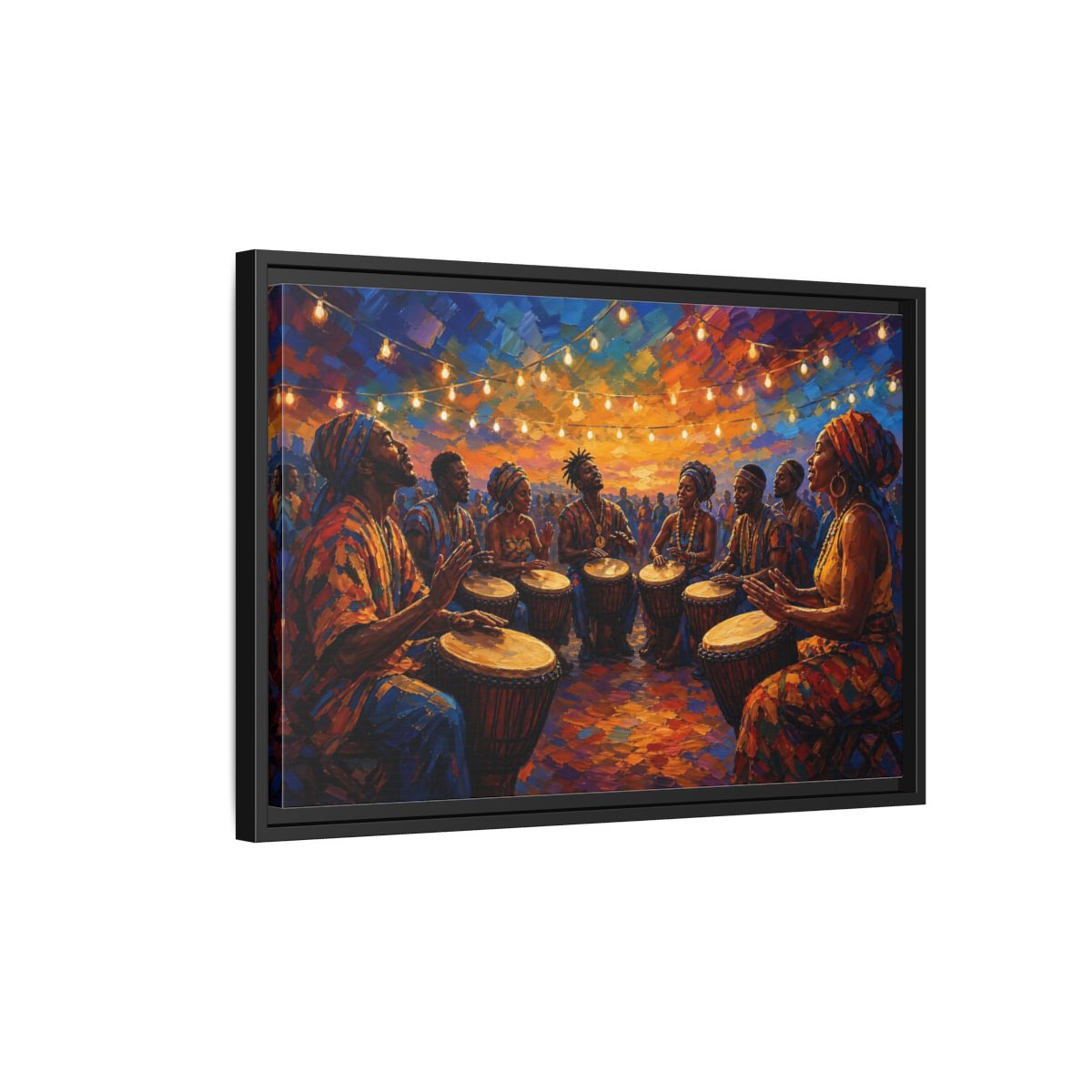 Side Mockup 3. Abstract Drum Circle Vibrant Cultural Scene shown as framed canvas print