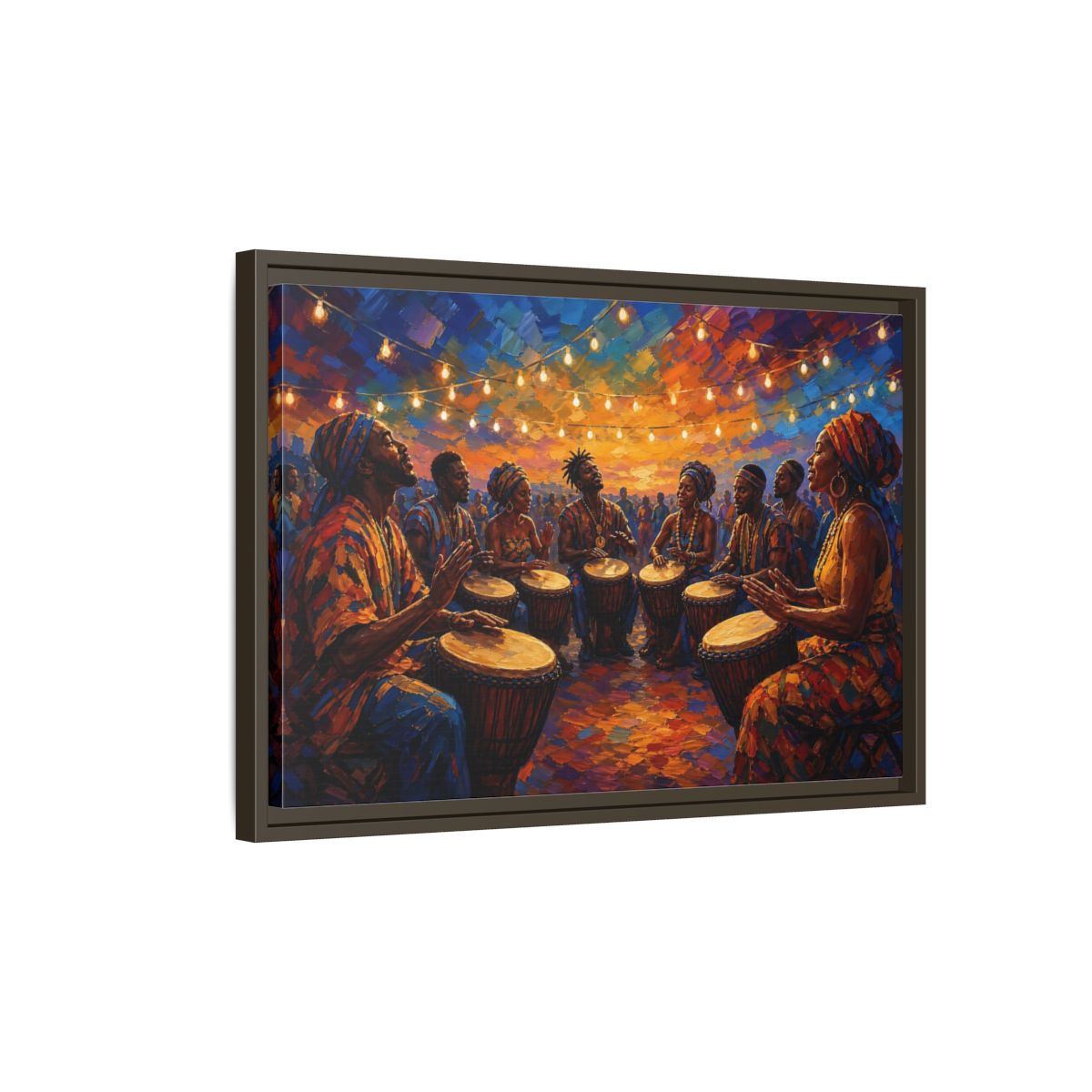Side Mockup 2. Abstract Drum Circle Vibrant Cultural Scene shown as framed canvas print