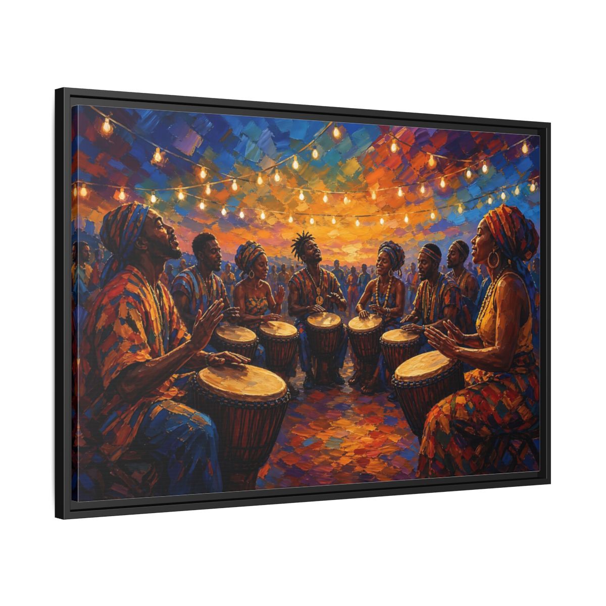 Side Mockup 13. Abstract Drum Circle Vibrant Cultural Scene shown as framed canvas print