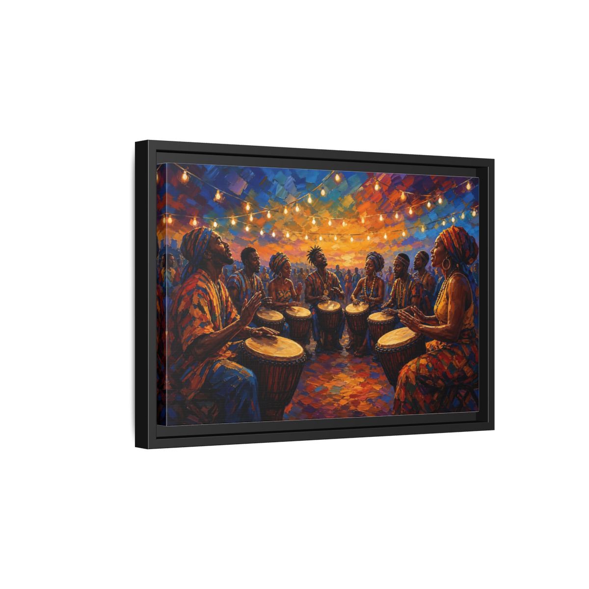 Side Mockup 6. Abstract Drum Circle Vibrant Cultural Scene shown as framed canvas print