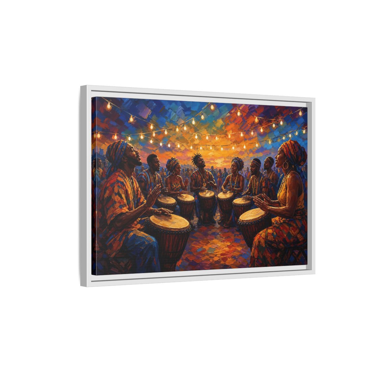 Side Mockup 1. Abstract Drum Circle Vibrant Cultural Scene shown as framed canvas print