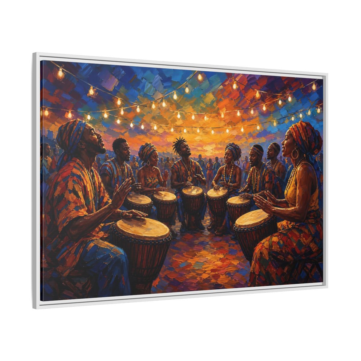 Side Mockup 7. Abstract Drum Circle Vibrant Cultural Scene shown as framed canvas print