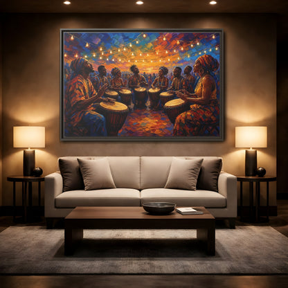 Mockup 2. Abstract Drum Circle Vibrant Cultural Scene shown as framed canvas print