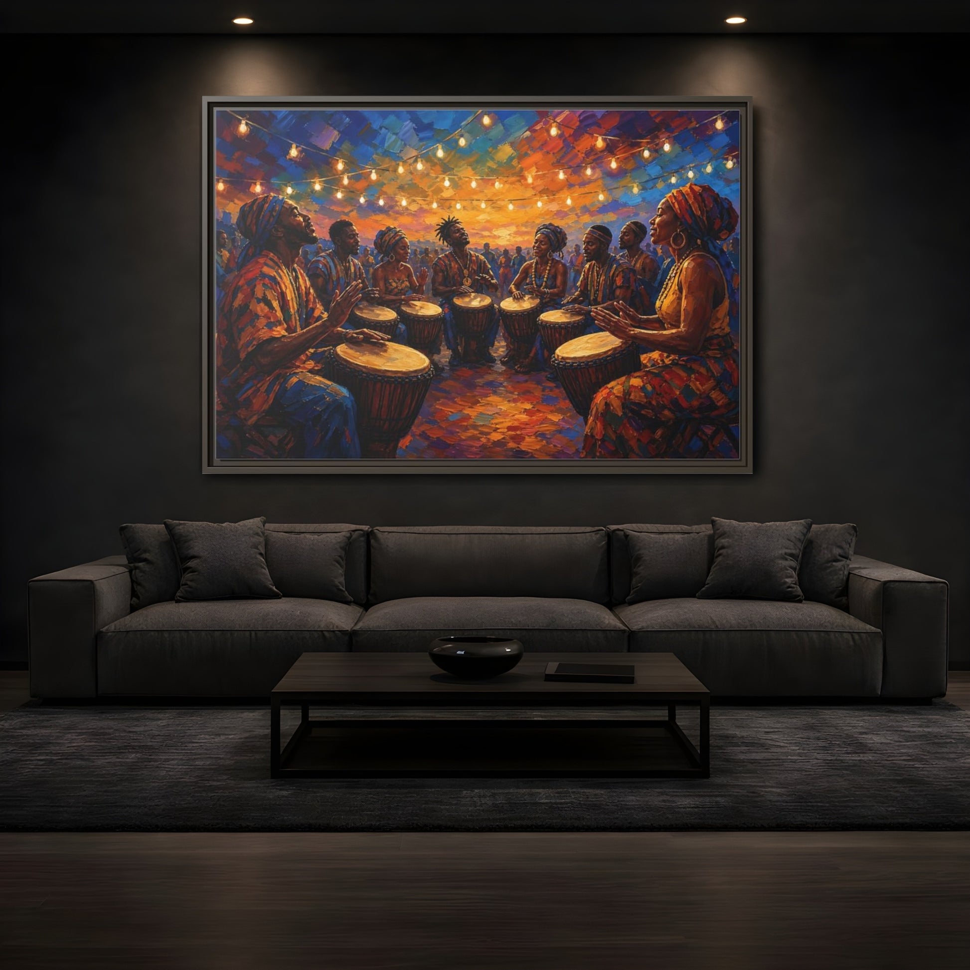 Mockup 3. Abstract Drum Circle Vibrant Cultural Scene shown as framed canvas print