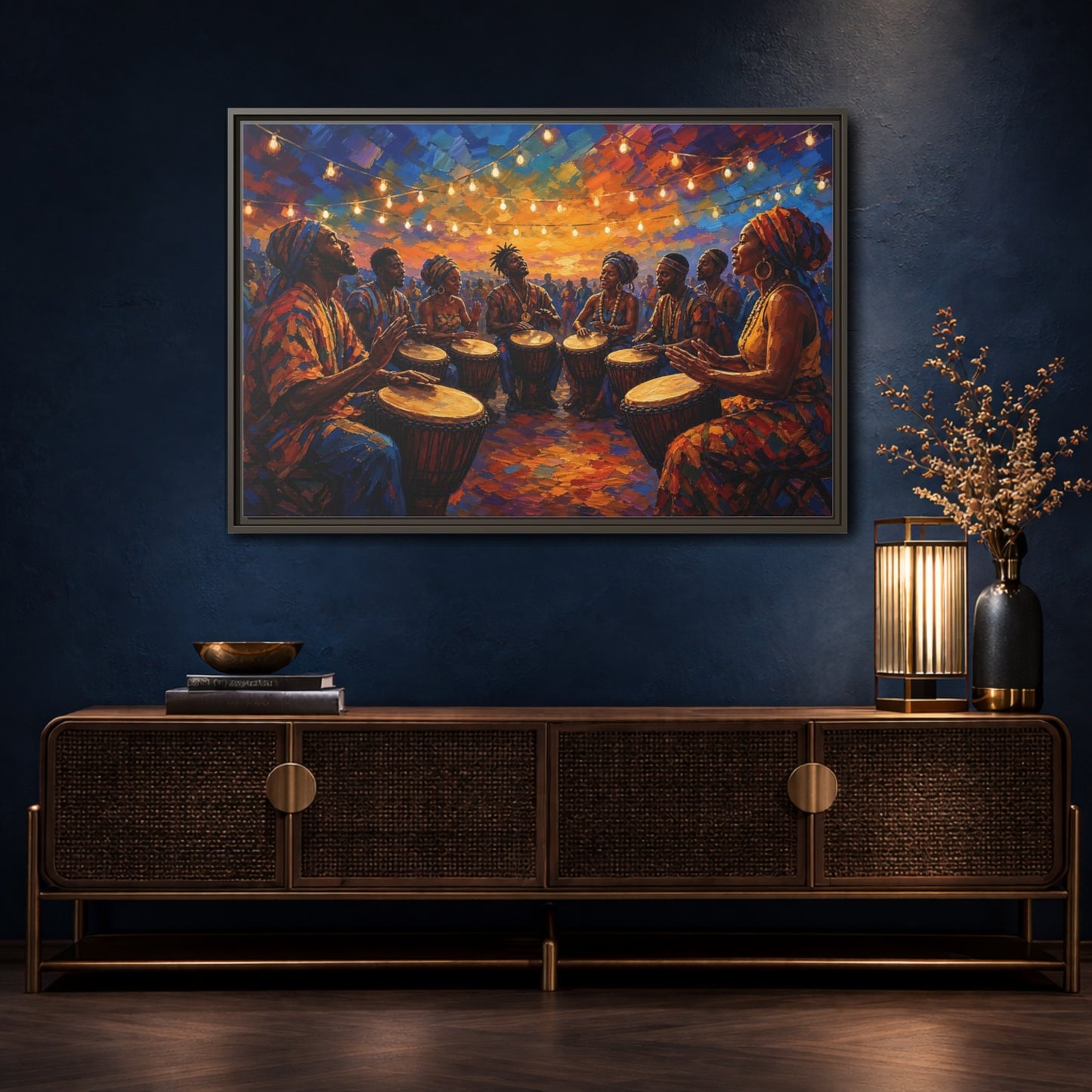Mockup 4. Abstract Drum Circle Vibrant Cultural Scene shown as framed canvas print