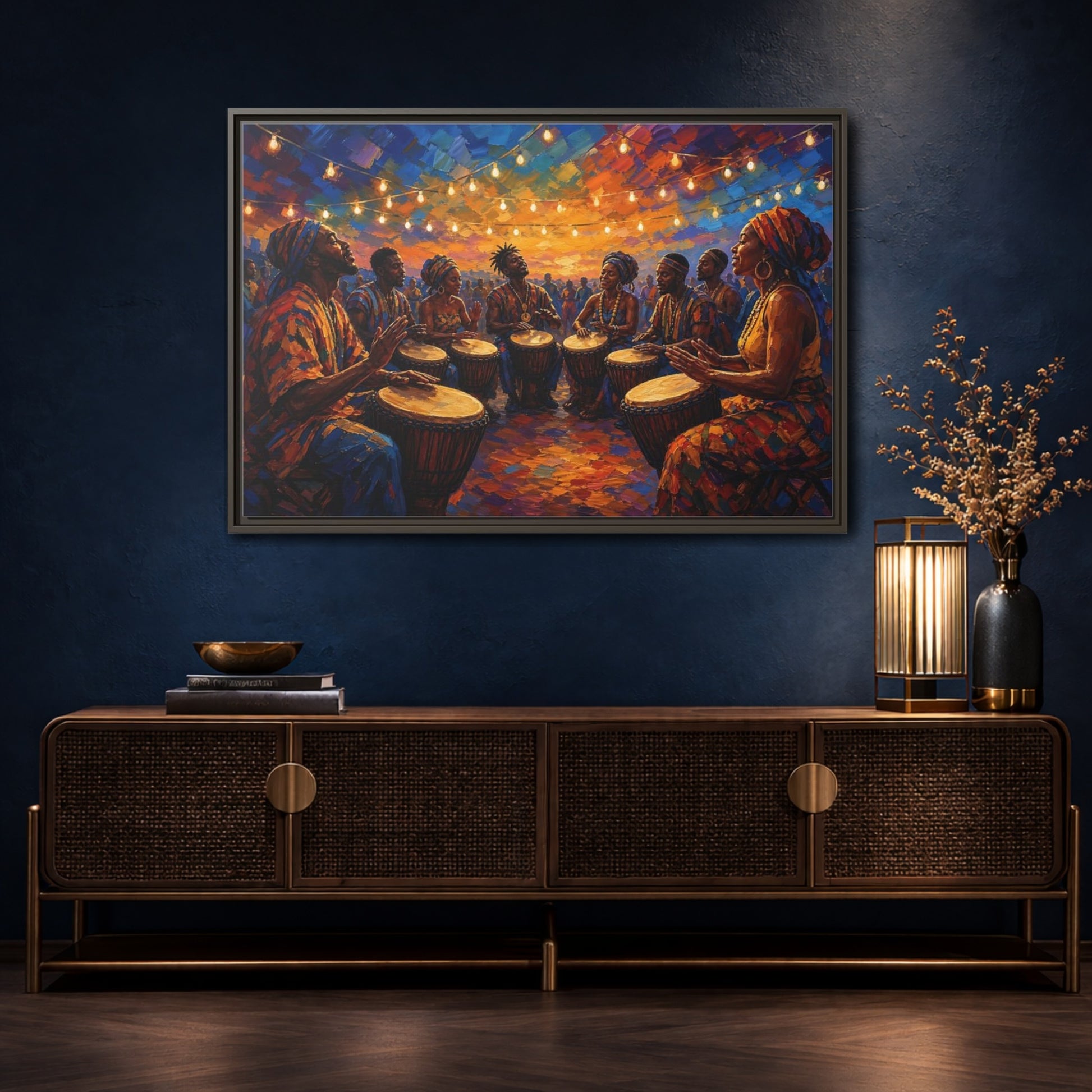 Mockup 4. Abstract Drum Circle Vibrant Cultural Scene shown as framed canvas print