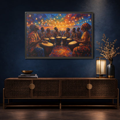 Mockup 4. Abstract Drum Circle Vibrant Cultural Scene shown as framed canvas print