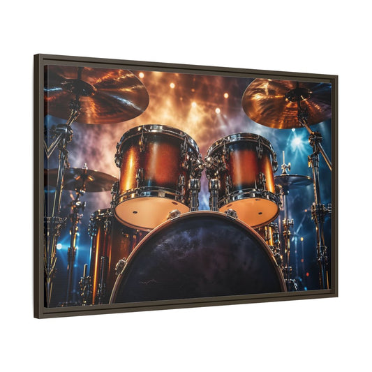 Main Mockup. Abstract Drum Kit Gold And Blue shown as stretched canvas wall art
