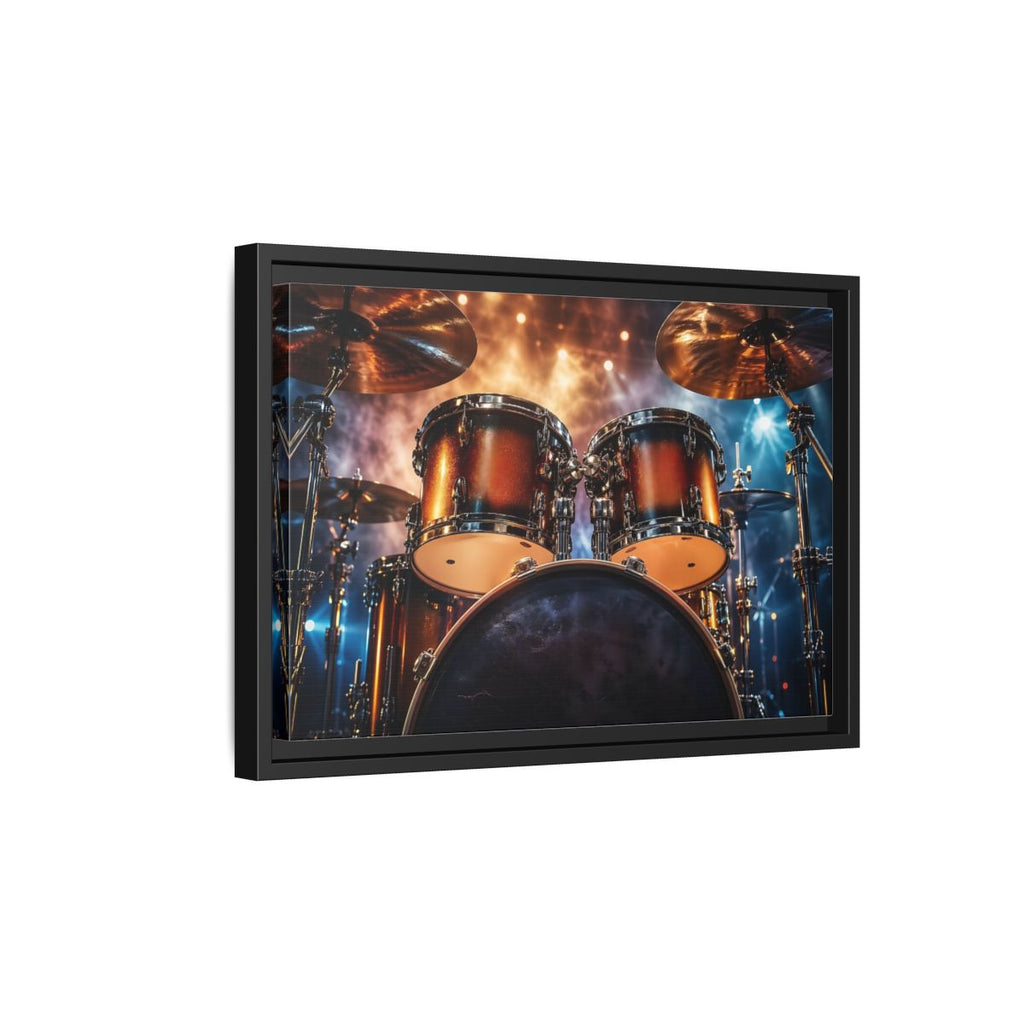 Side Mockup 6. Abstract Drum Kit Gold And Blue shown as stretched canvas wall art