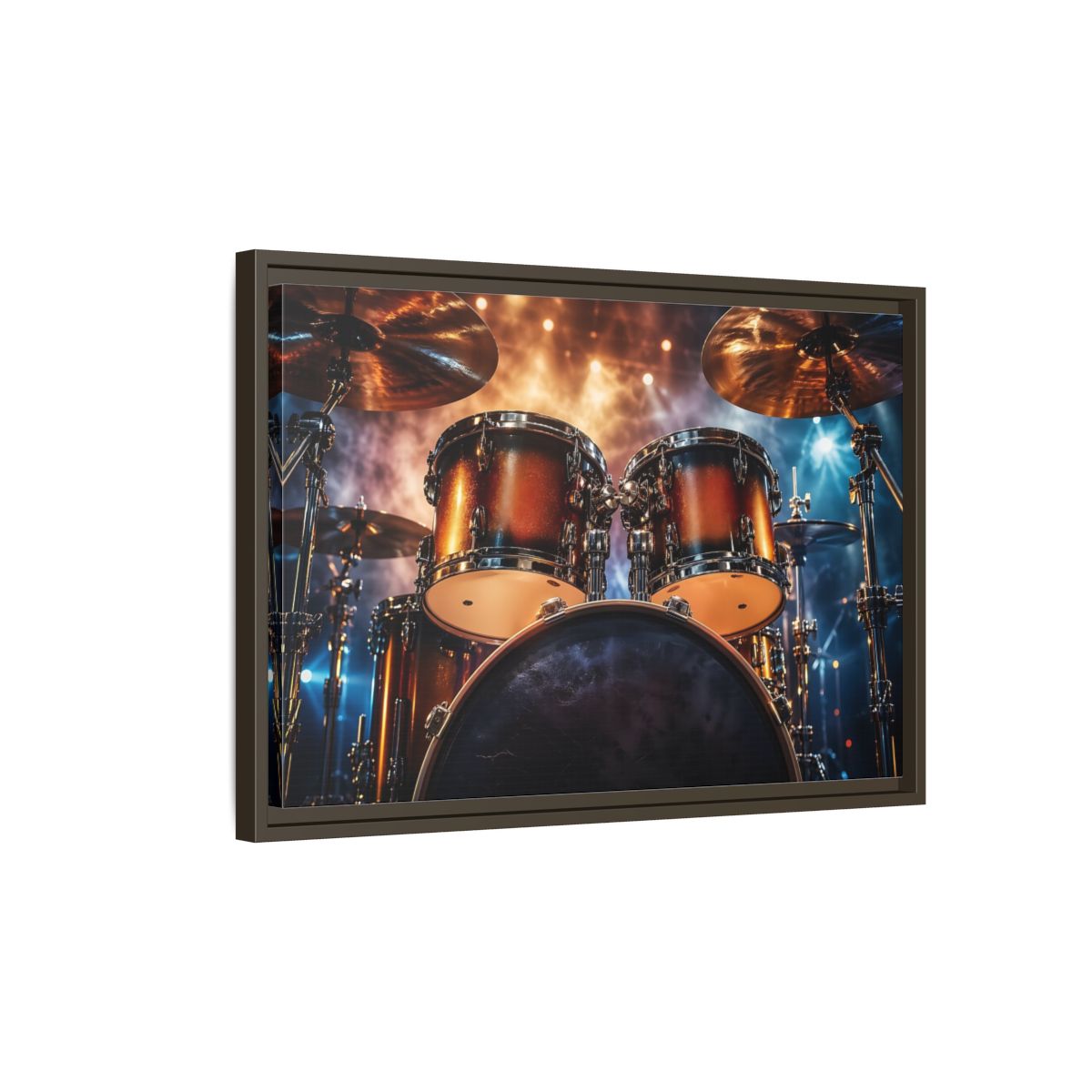 Side Mockup 2. Abstract Drum Kit Gold And Blue shown as stretched canvas wall art