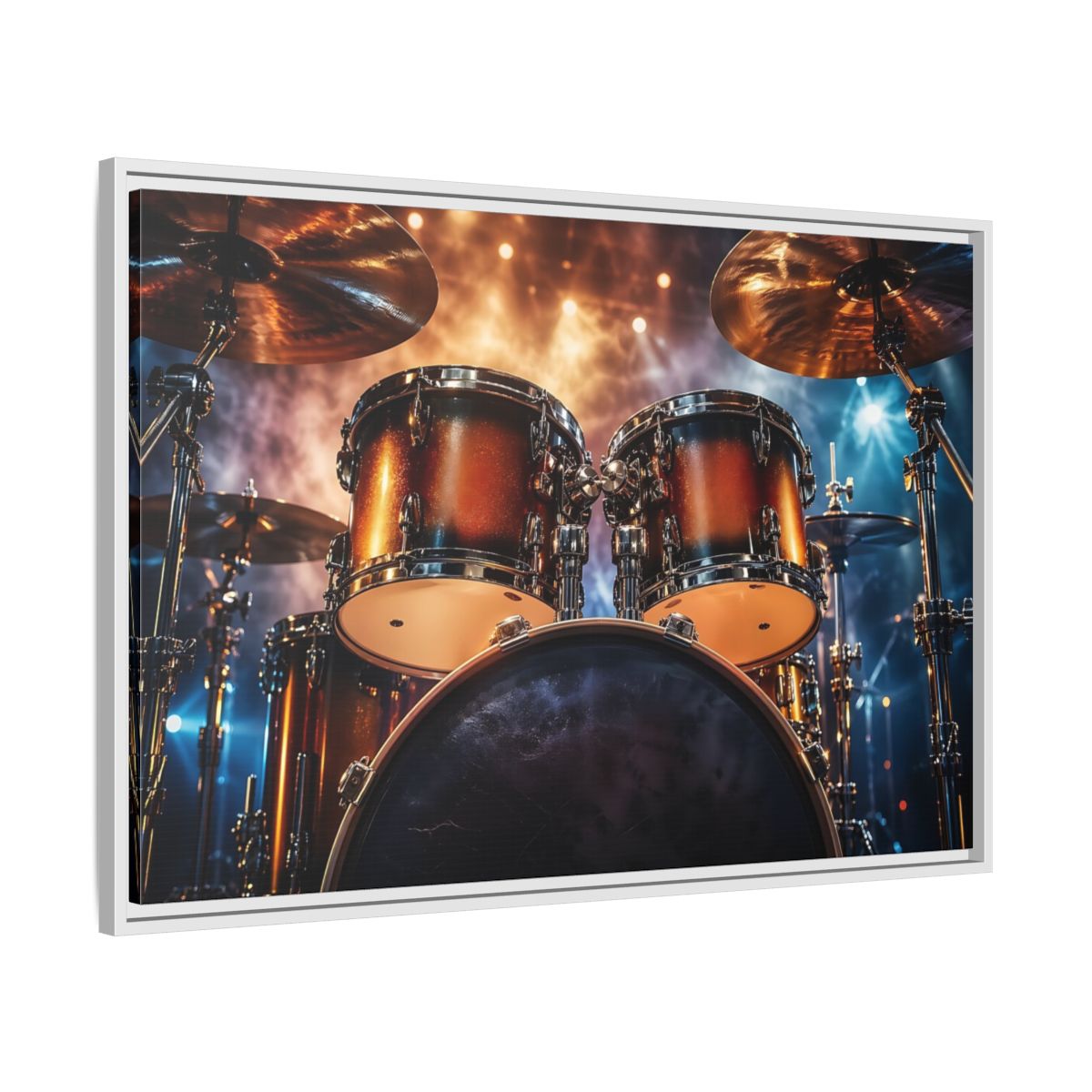Side Mockup 9. Abstract Drum Kit Gold And Blue shown as stretched canvas wall art