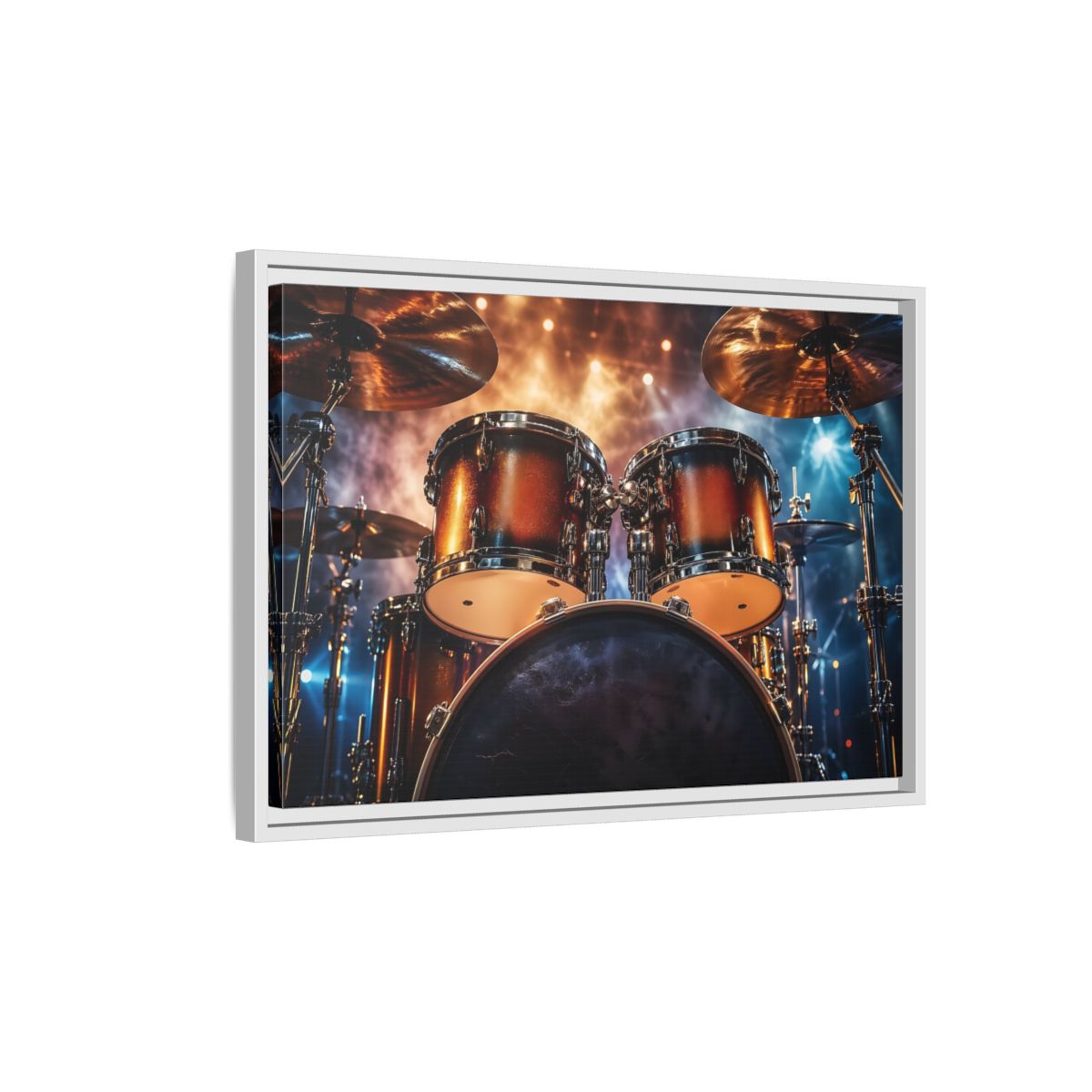 Side Mockup 1. Abstract Drum Kit Gold And Blue shown as stretched canvas wall art