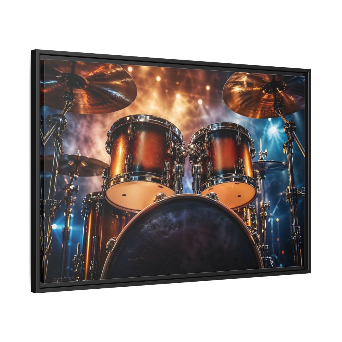 Side Mockup 13. Abstract Drum Kit Gold And Blue shown as stretched canvas wall art