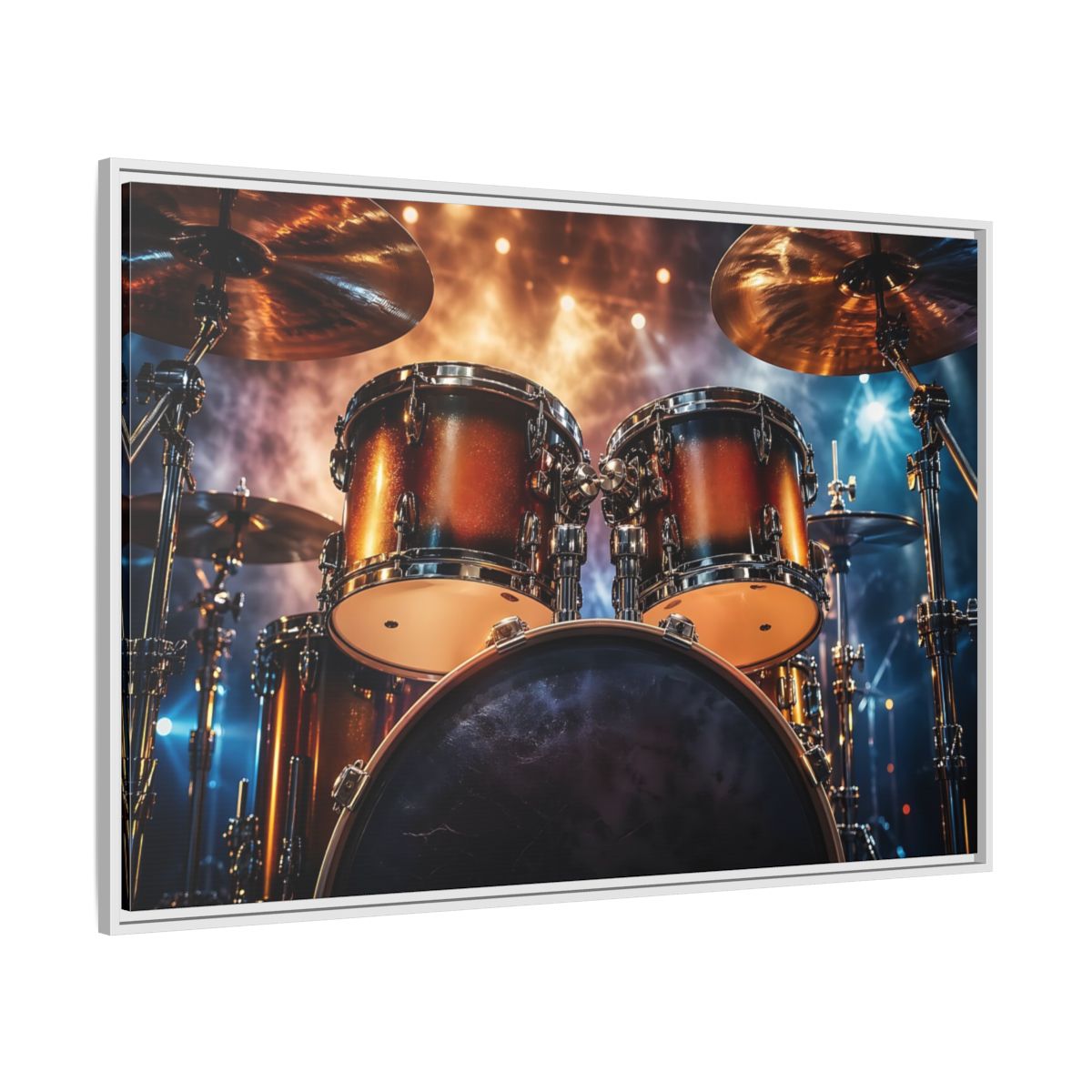 Side Mockup 7. Abstract Drum Kit Gold And Blue shown as stretched canvas wall art