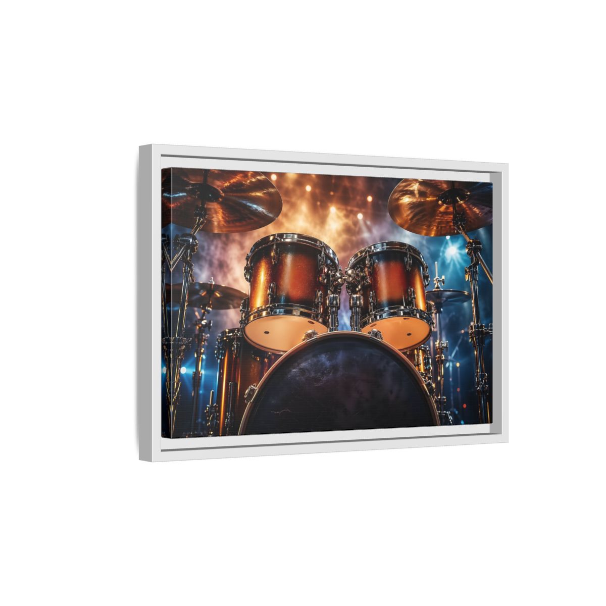Side Mockup 4. Abstract Drum Kit Gold And Blue shown as stretched canvas wall art