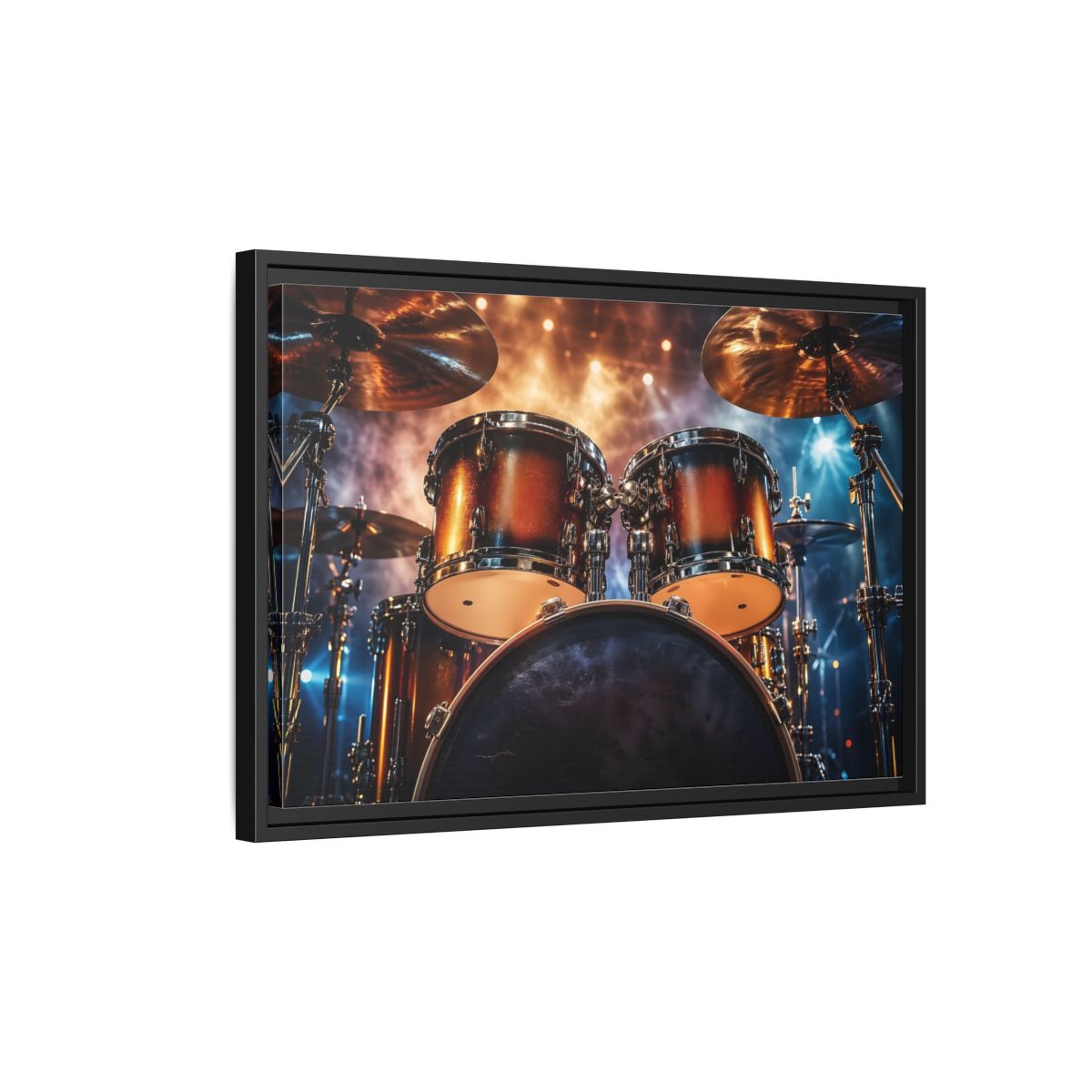 Side Mockup 3. Abstract Drum Kit Gold And Blue shown as stretched canvas wall art