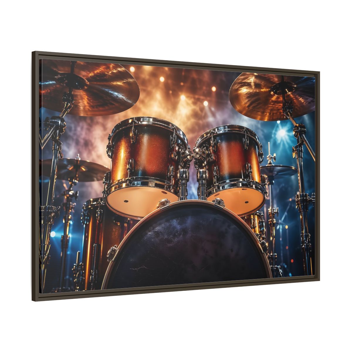 Side Mockup 8. Abstract Drum Kit Gold And Blue shown as stretched canvas wall art