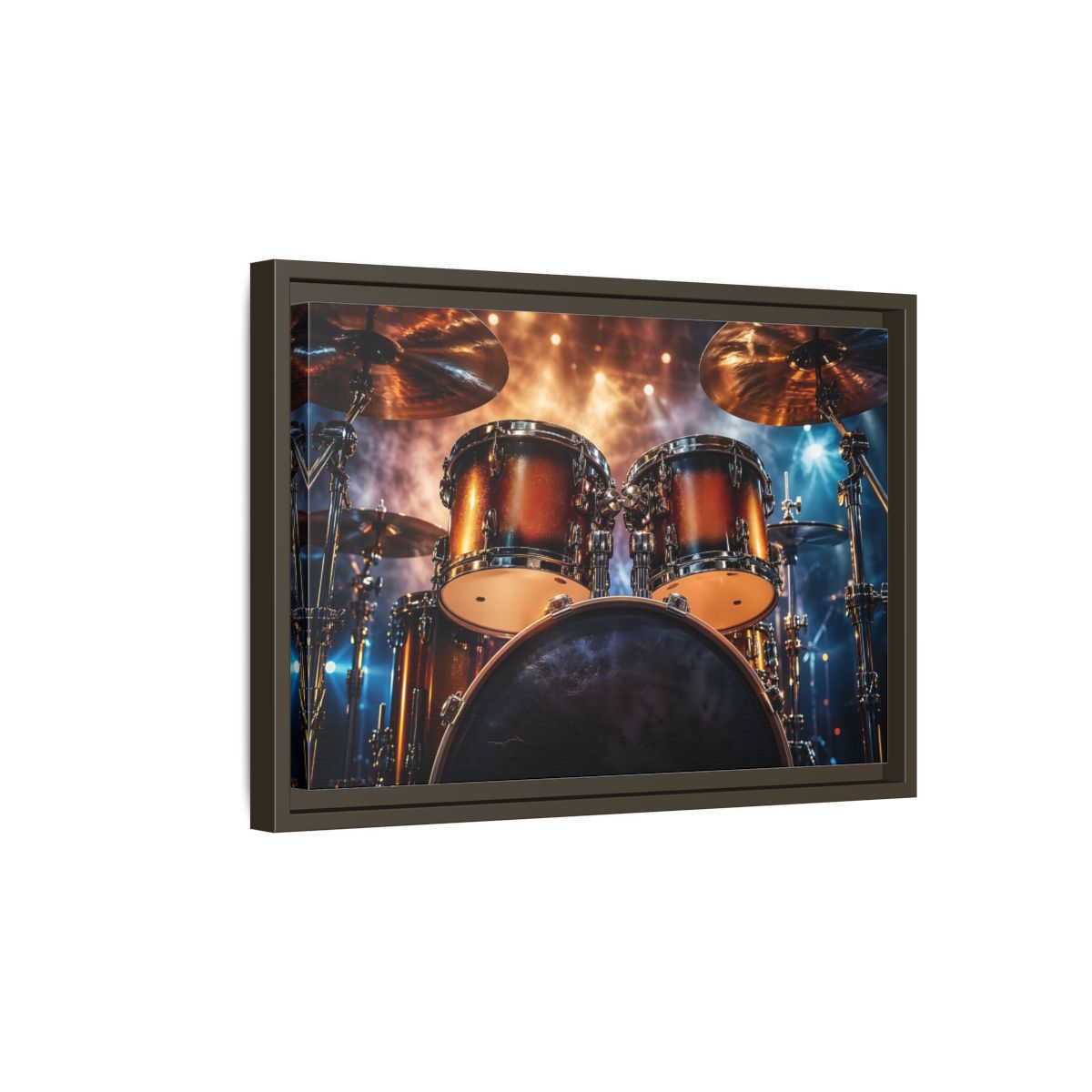 Side Mockup 5. Abstract Drum Kit Gold And Blue shown as stretched canvas wall art