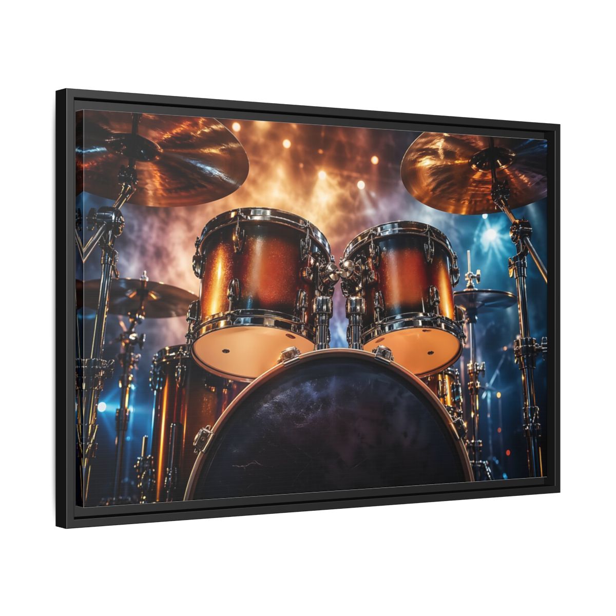 Side Mockup 14. Abstract Drum Kit Gold And Blue shown as stretched canvas wall art
