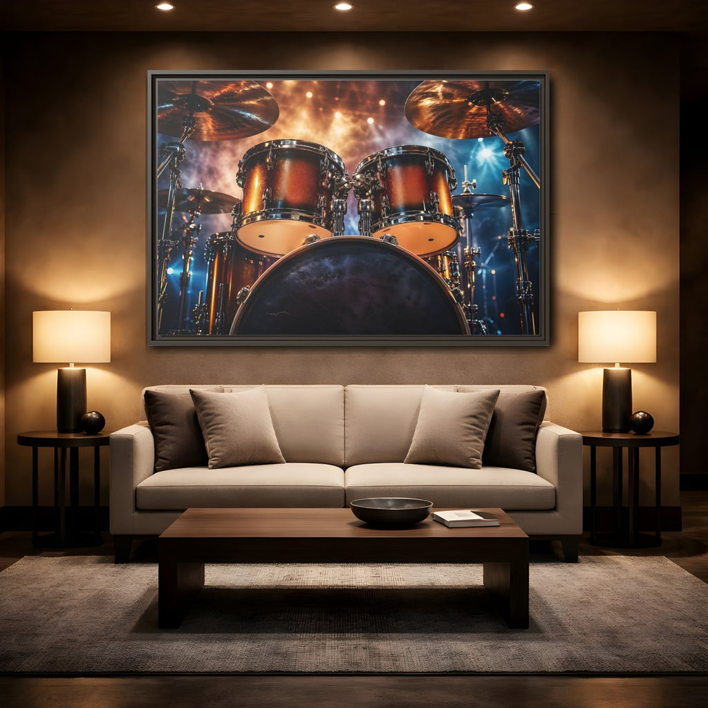 Mockup 2. Abstract Drum Kit Gold And Blue shown as stretched canvas wall art