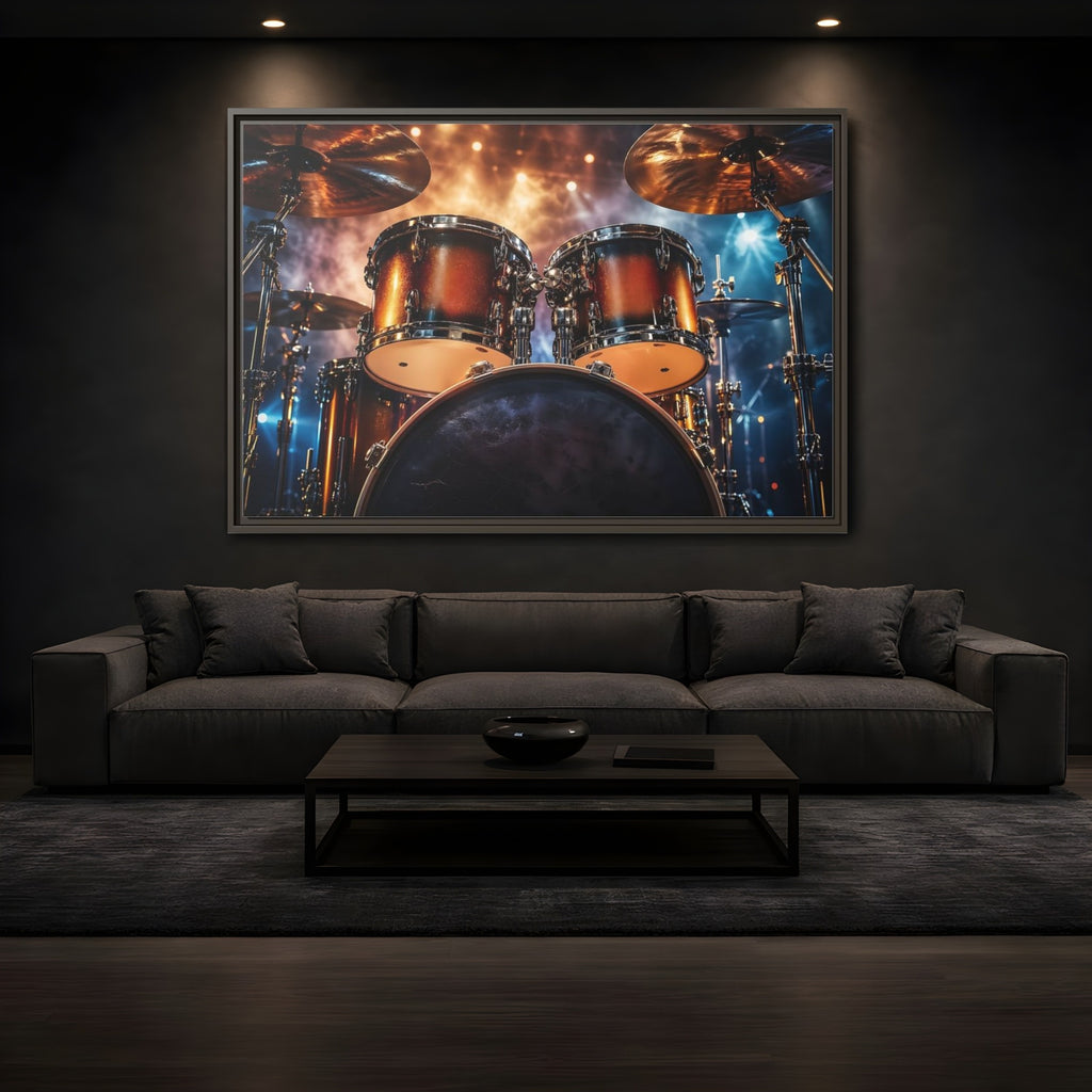 Mockup 3. Abstract Drum Kit Gold And Blue shown as stretched canvas wall art