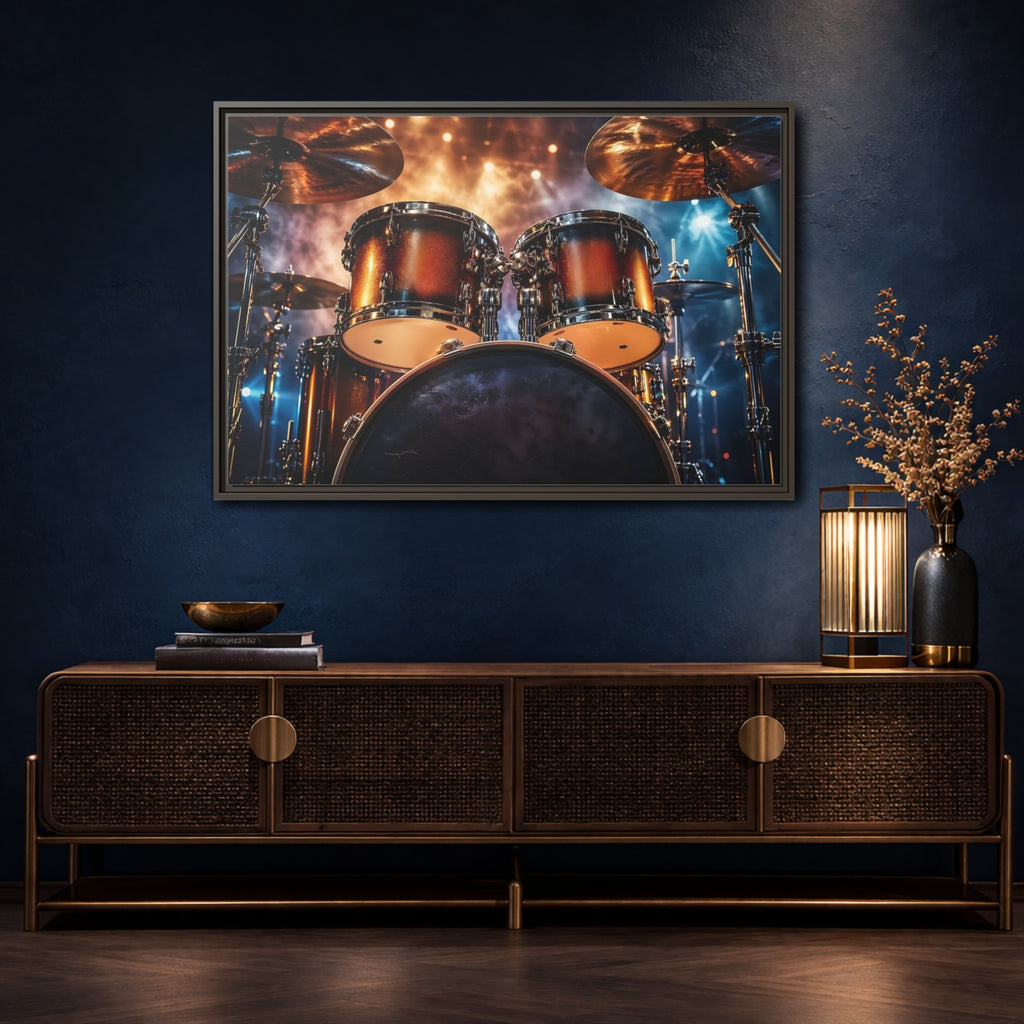 Mockup 4. Abstract Drum Kit Gold And Blue shown as stretched canvas wall art
