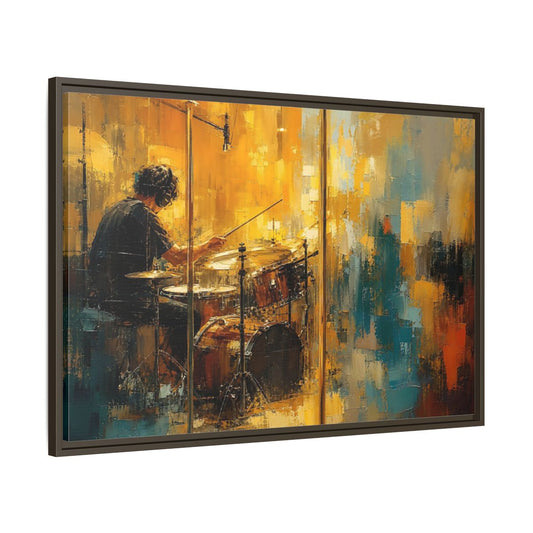 Main Mockup. Abstract Drummer Drummer Yellow Blue shown as framed canvas print
