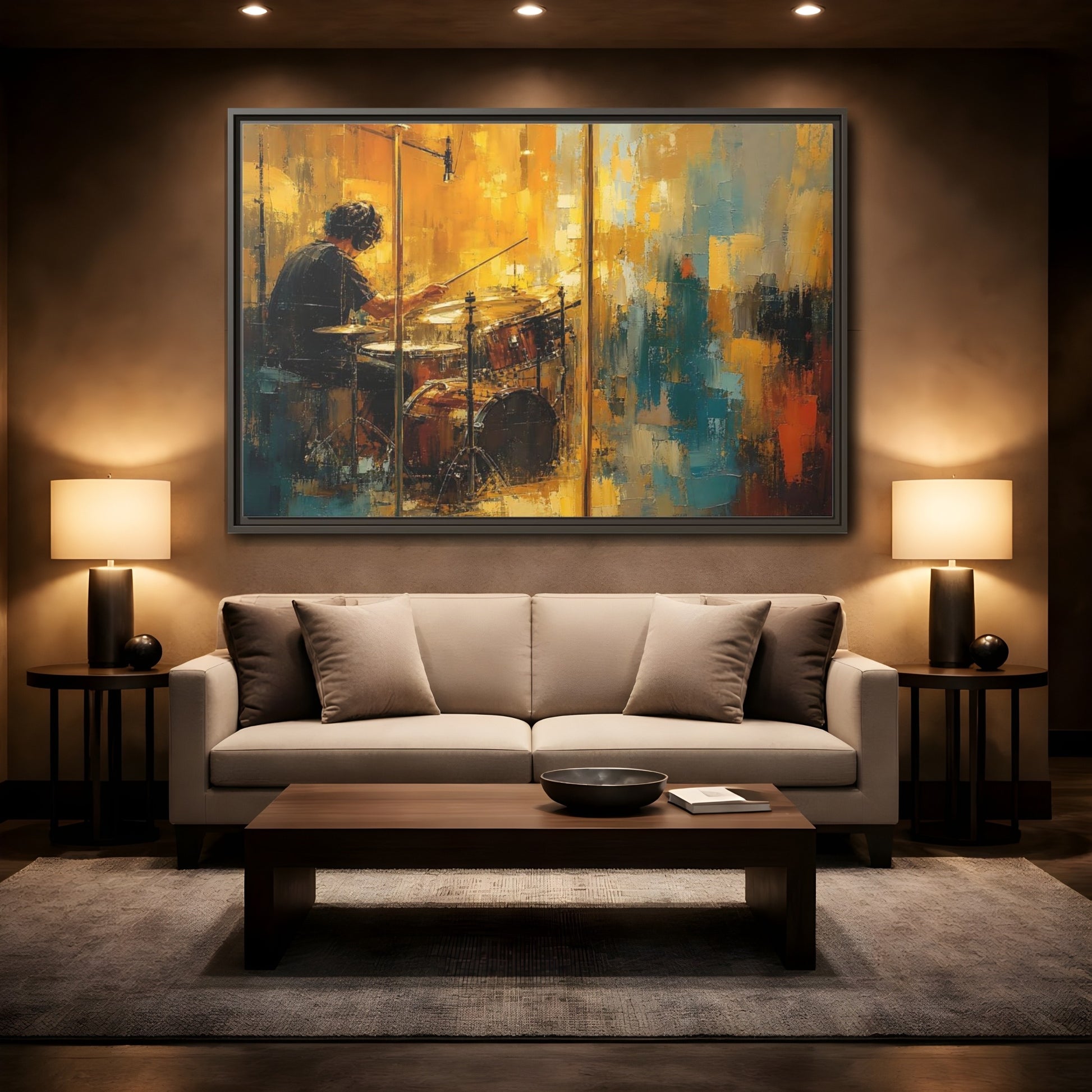 Mockup 2. Abstract Drummer Drummer Yellow Blue shown as framed canvas print