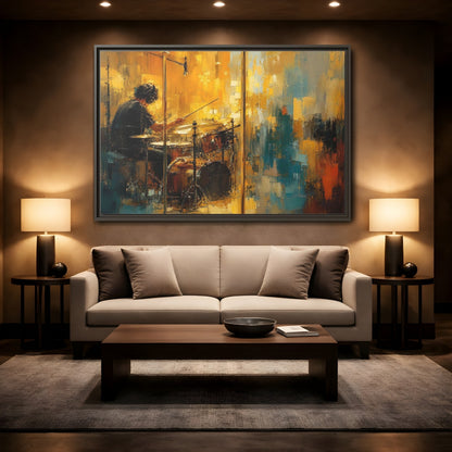 Mockup 2. Abstract Drummer Drummer Yellow Blue shown as framed canvas print
