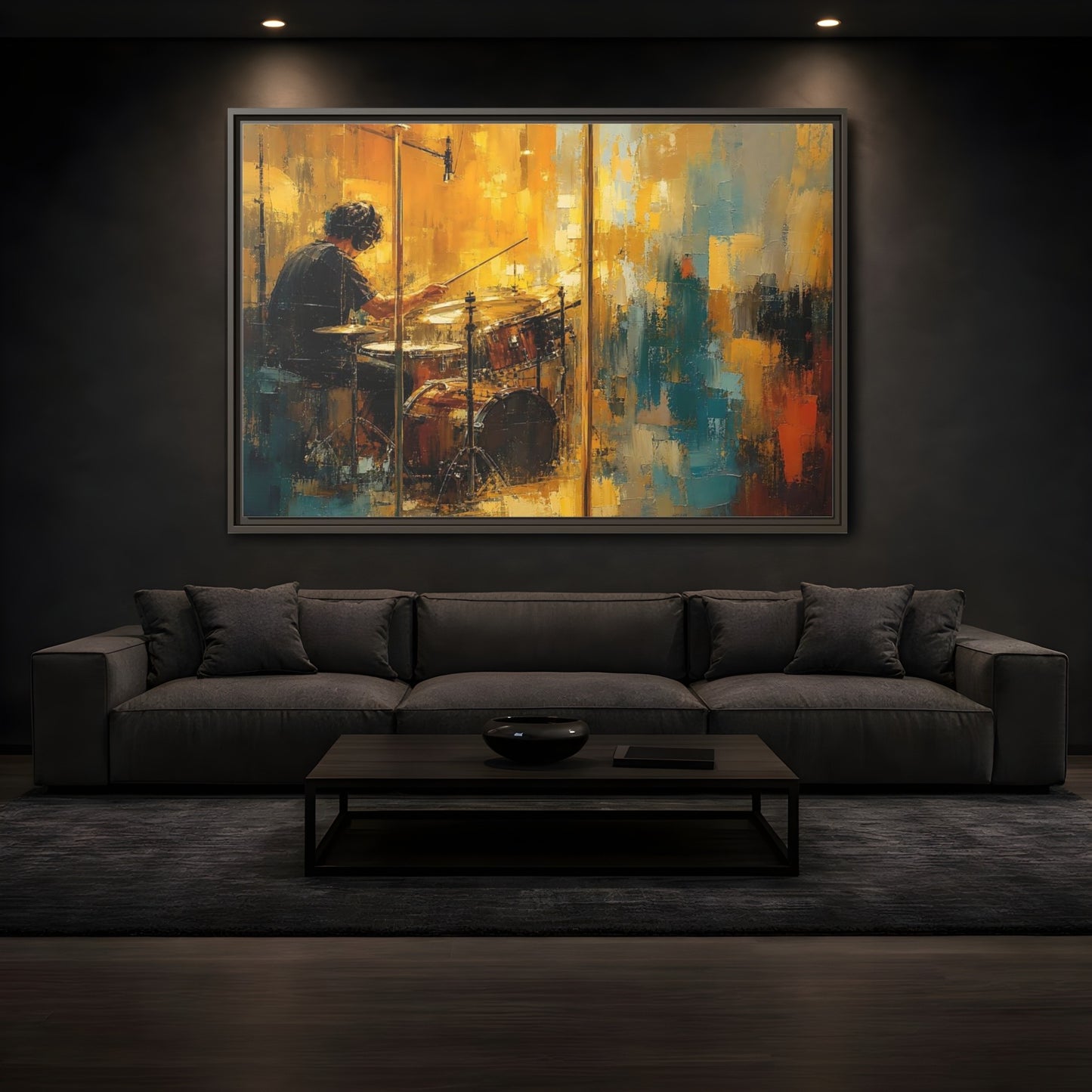 Mockup 3. Abstract Drummer Drummer Yellow Blue shown as framed canvas print
